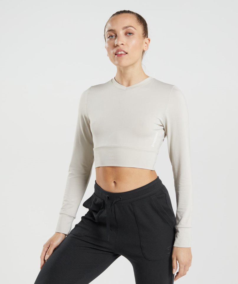 Women\'s Gymshark Pause Open Back Long Sleeve Cropped Tops Light Grey | NZ 7QWLSD